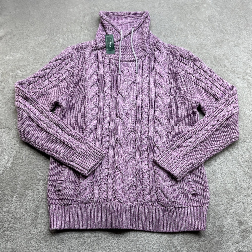 L.L. Bean Sweater Womens L Purple Double L Cable Funnel Neck Cotton Cottagecore